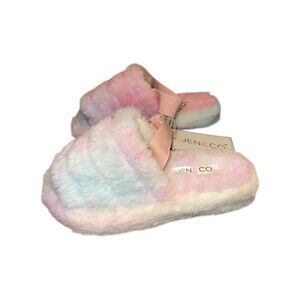 Jen & Co Pink Marble Faux Fur Slipper Slides Slingback Vegan 7.5 NEW Coquette